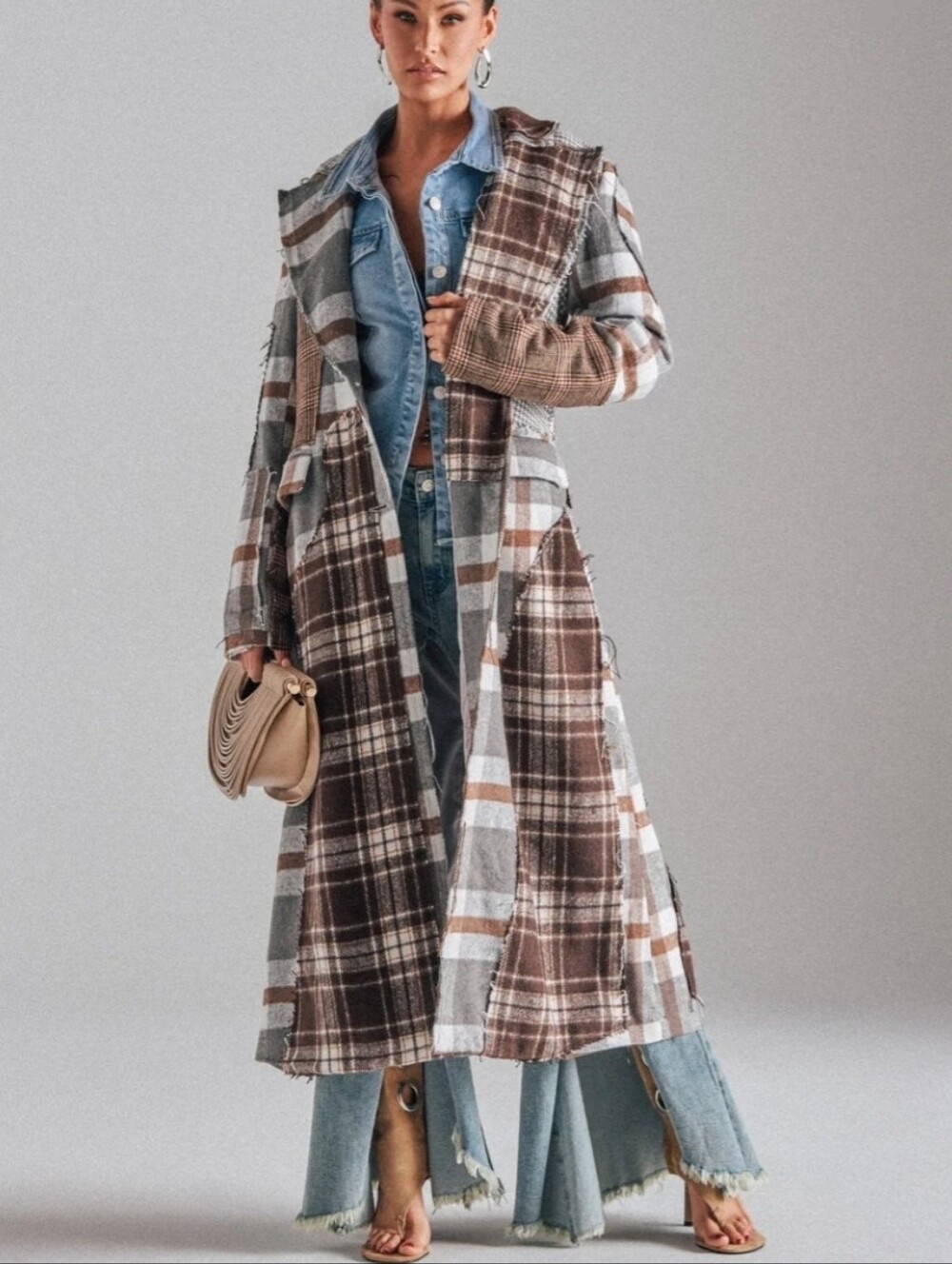 AKIRA Brown & Gray Plaid Long Trench Coat